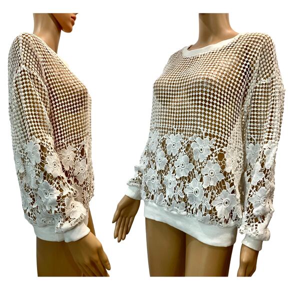 Bobeau White Floral Crochet Sheer Pullover Sweater | M - Picture 1 of 6